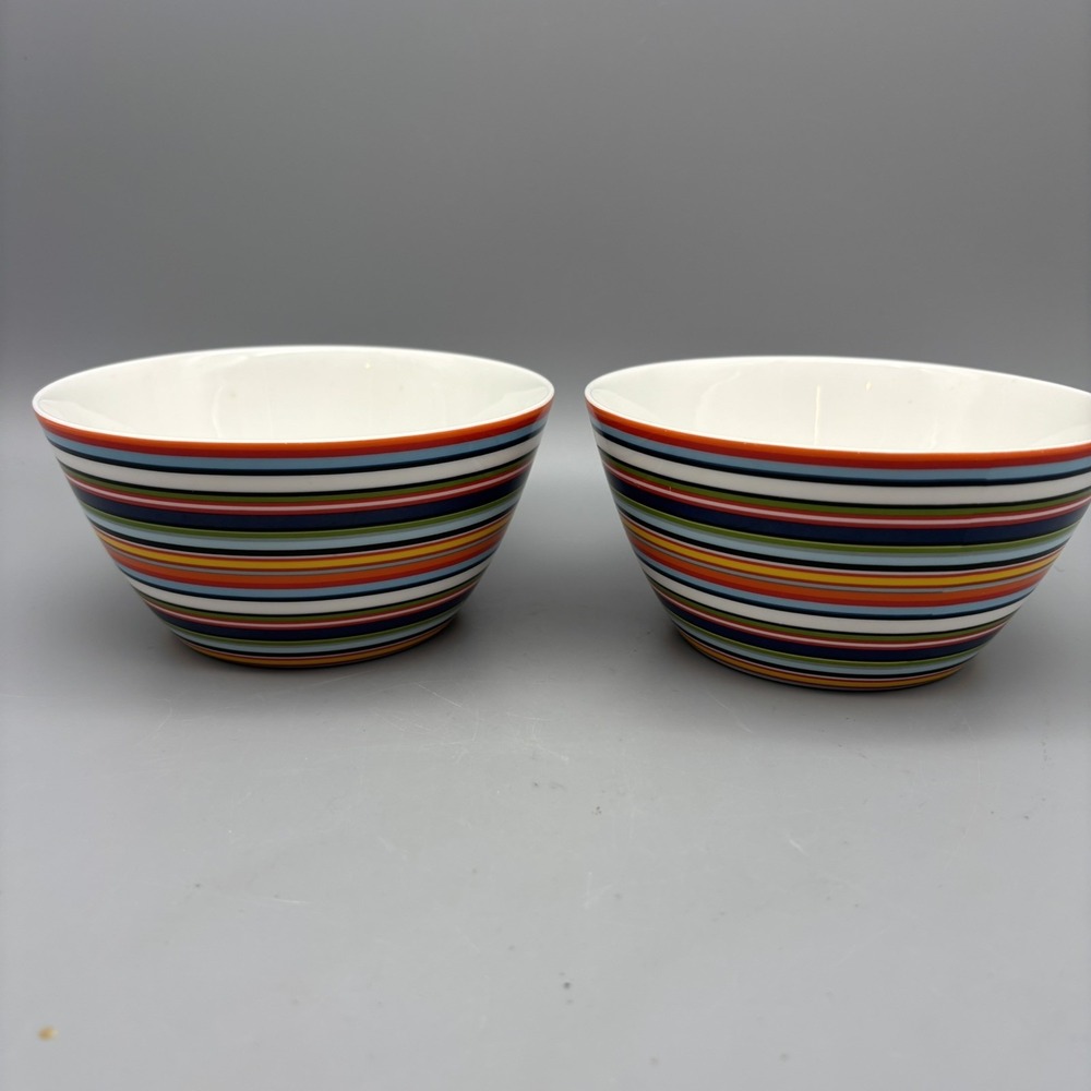 iittala "Origo" Bowl Orange striped, 5.5" Finland Porcelain Set Of 2